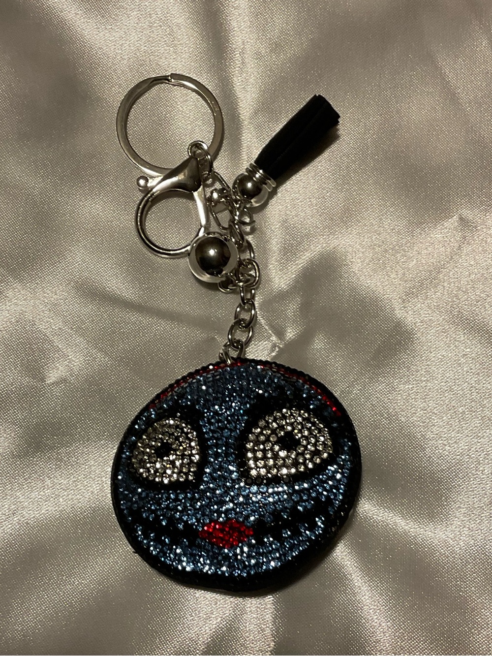 Sally Blue Crystal Smiley Key & Card Holder Charm with Black Tassel NEW